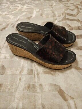 Donald J. Pliner Brown Croc Tortoise Shell Cork Wedge Slide Sandals